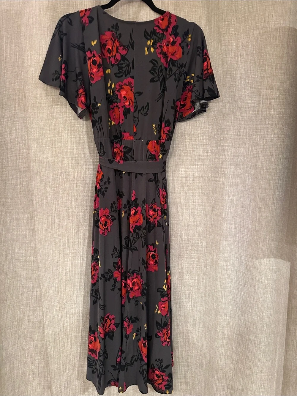Torrid Floral Wrap Midi Dress in Charcoal with Red Roses 1x